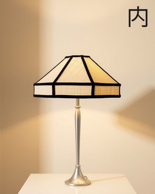 Birch lampshade - tiered, pagoda-style lampshade in soft ivory and tan paneled fabric with black trim along each seam