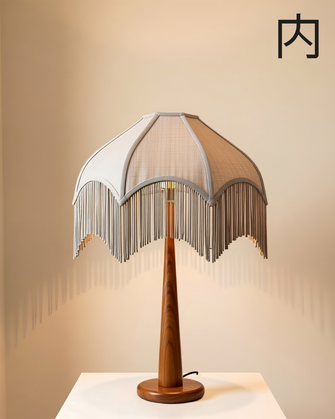 Trout lampshade - domed lampshade in soft grey and taupe panels with long matching fringe
