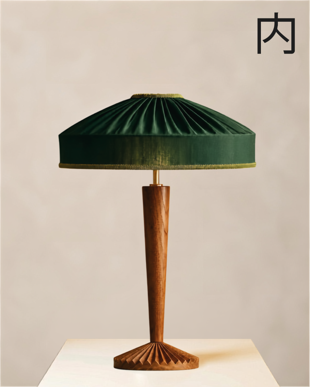 Olive lampshade - wide pleated velvet lampshade in deep forest green with a brass neck detail