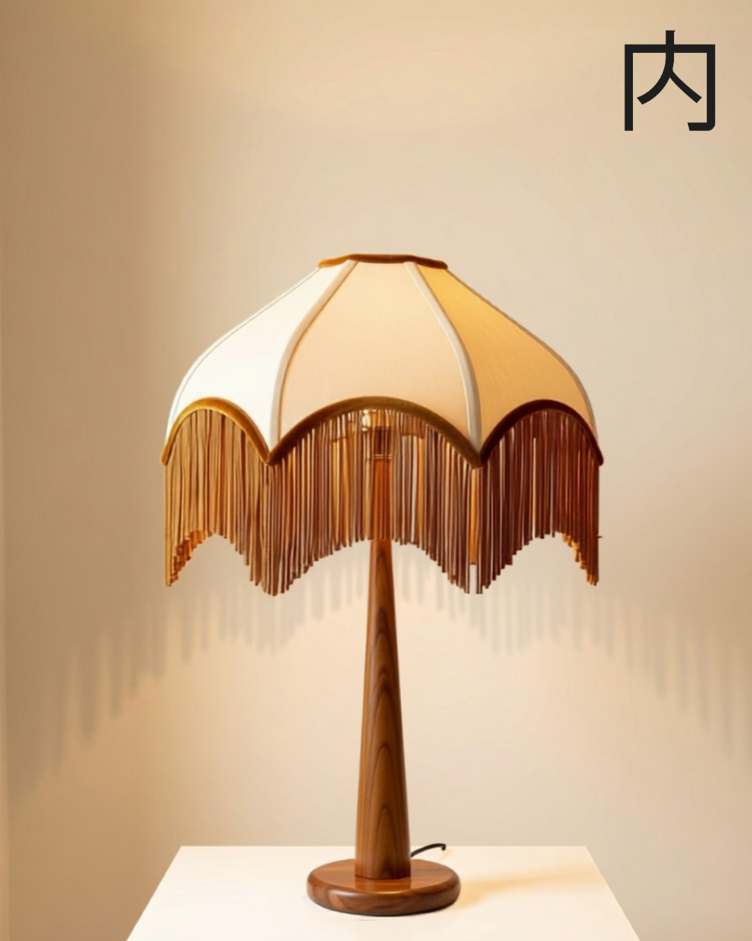 Date lampshade - scalloped ivory and caramel lampshade with matching wood-toned fringe