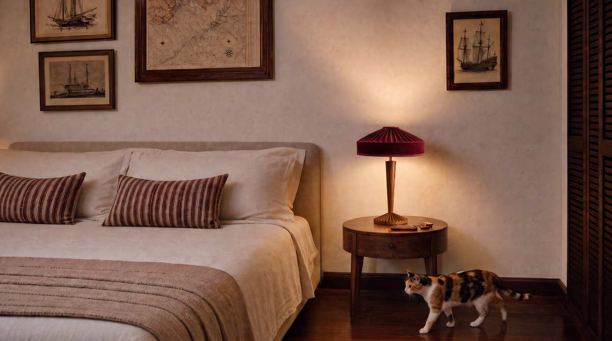 Ruby red lampshade in a cozy bedroom